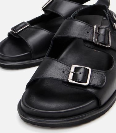  Erkek Deri Siyah Ayarlanabilir Rahat Tabanlı Sandalet