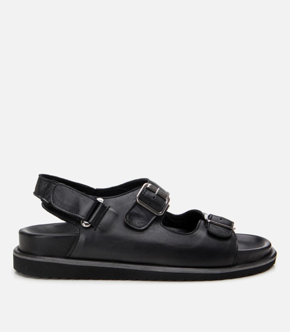  Erkek Deri Siyah Ayarlanabilir Rahat Tabanlı Sandalet