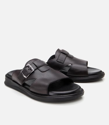  Erkek Deri Siyah Hafif Tabanlı Kemer Detaylı Terlik