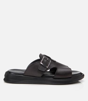  Erkek Deri Siyah Hafif Tabanlı Kemer Detaylı Terlik