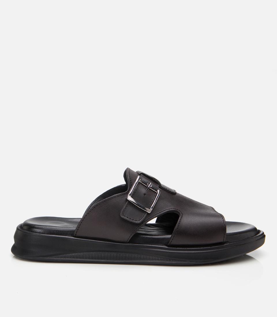  Erkek Deri Siyah Hafif Tabanlı Kemer Detaylı Terlik