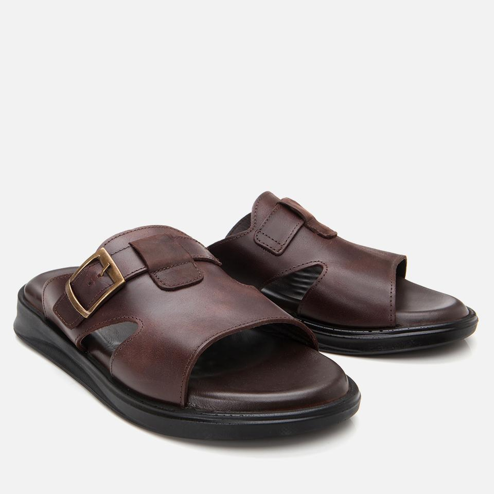 Erkek Deri Kahverengi Hafif Tabanlı Kemer Detaylı Terlik