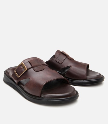  Erkek Deri Kahverengi Hafif Tabanlı Kemer Detaylı Terlik