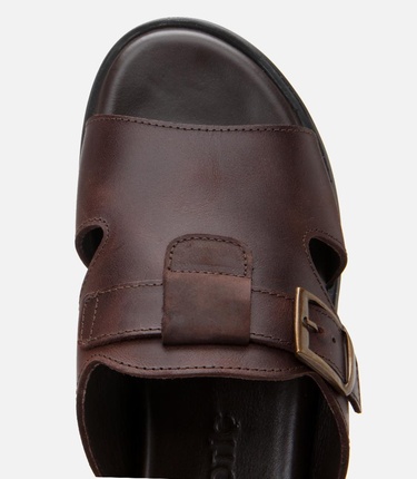  Erkek Deri Kahverengi Hafif Tabanlı Kemer Detaylı Terlik