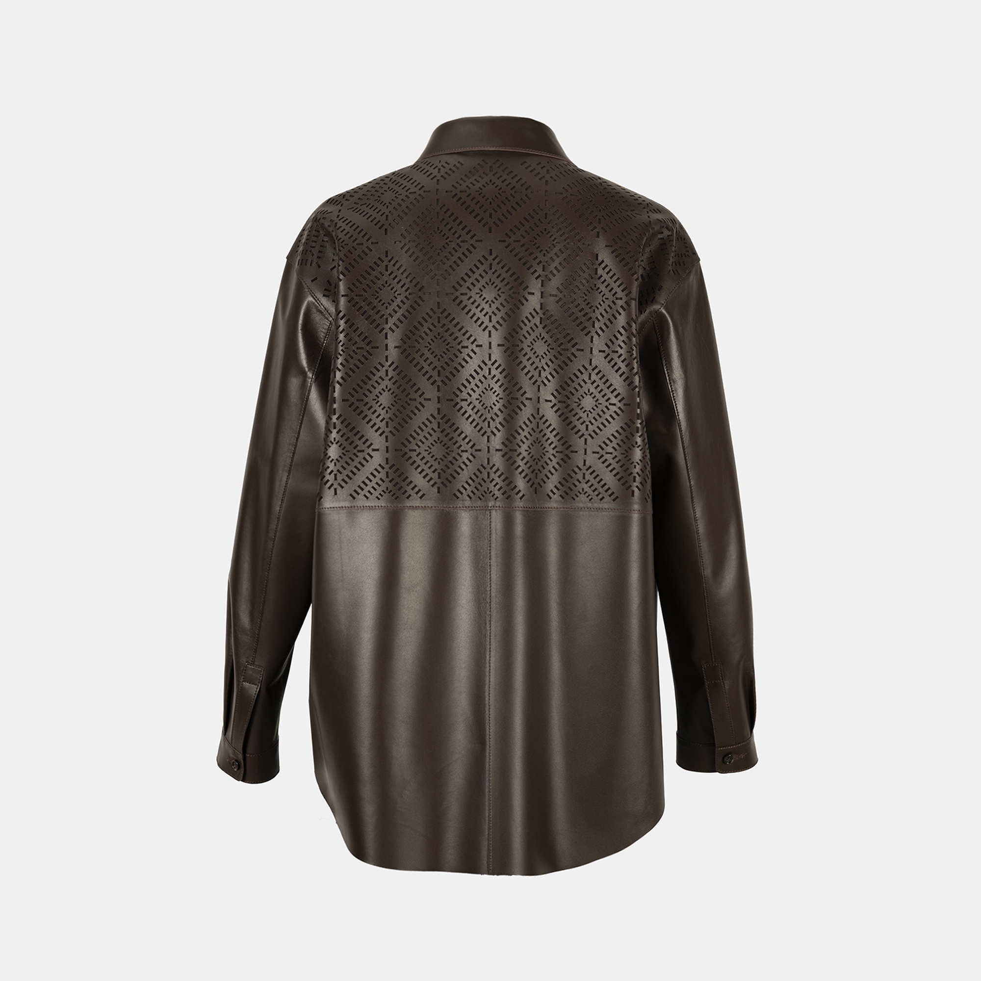 Kadın Kahve Lazer Kesimli Geometrik Desenli Deri Gömlek