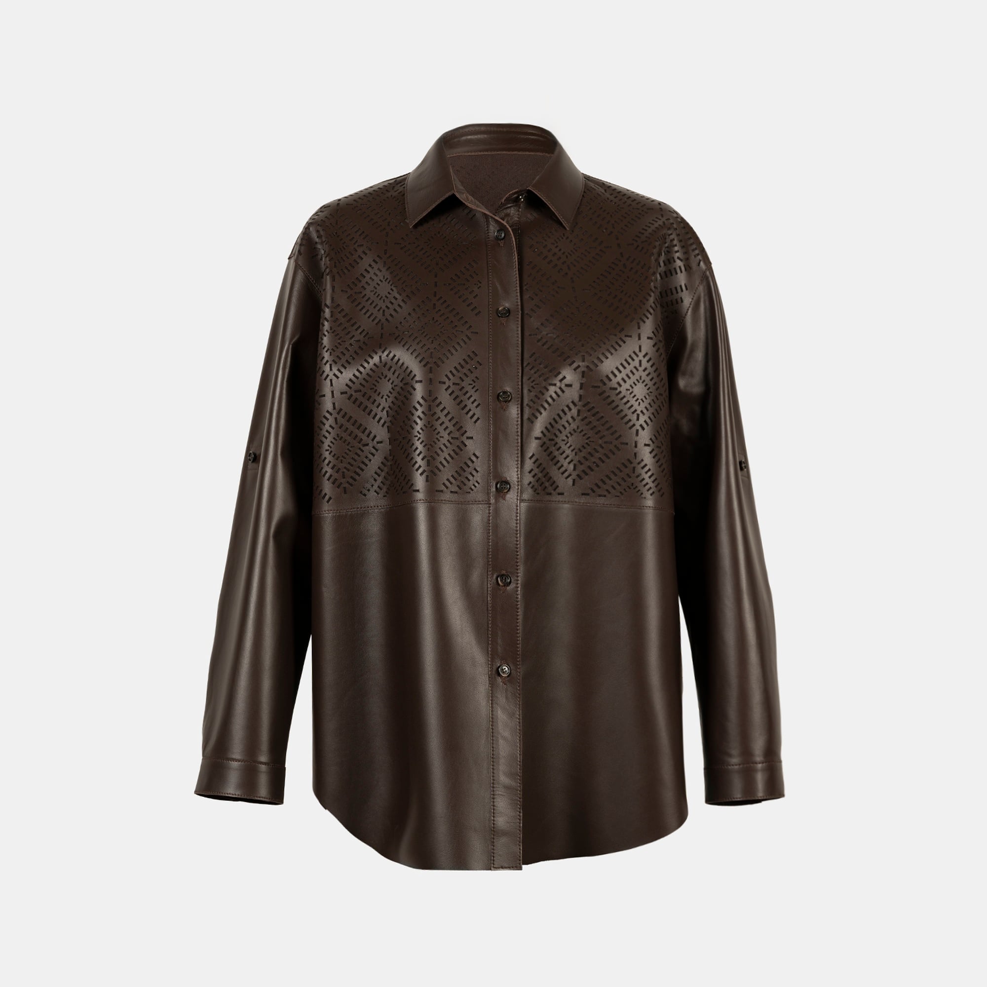 Kadın Kahve Lazer Kesimli Geometrik Desenli Deri Gömlek