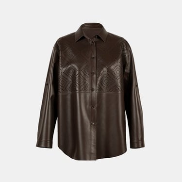  Kadın Kahve Lazer Kesimli Geometrik Desenli Deri Gömlek