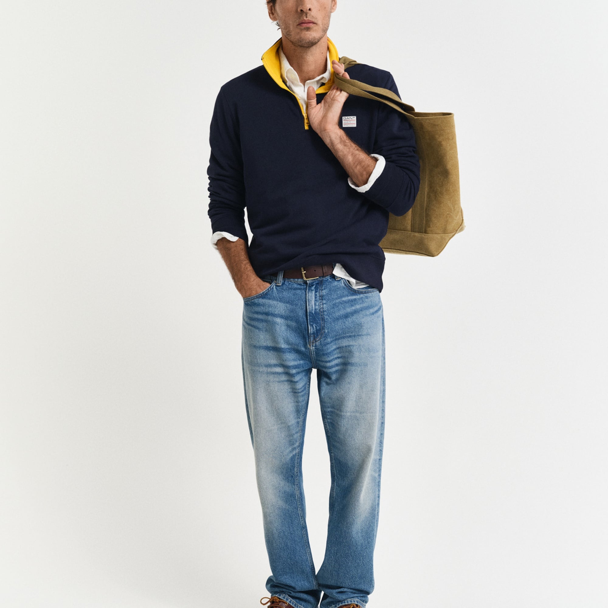 GANT Erkek Lacivert Regular Fit Yarım Fermuarlı Logolu Sweatshirt