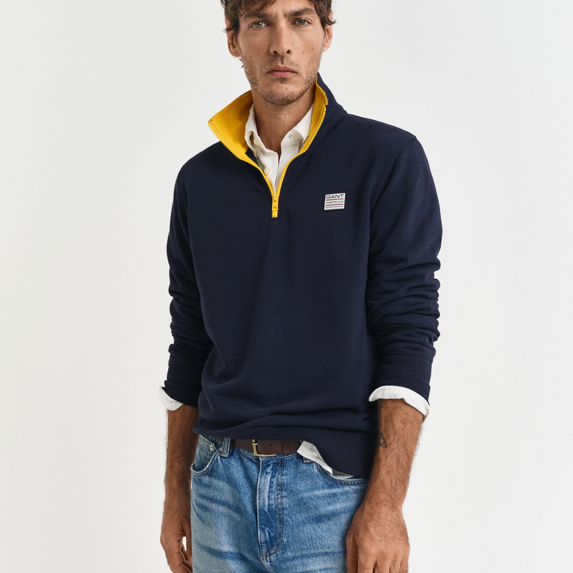 GANT Erkek Lacivert Regular Fit Yarım Fermuarlı Logolu Sweatshirt