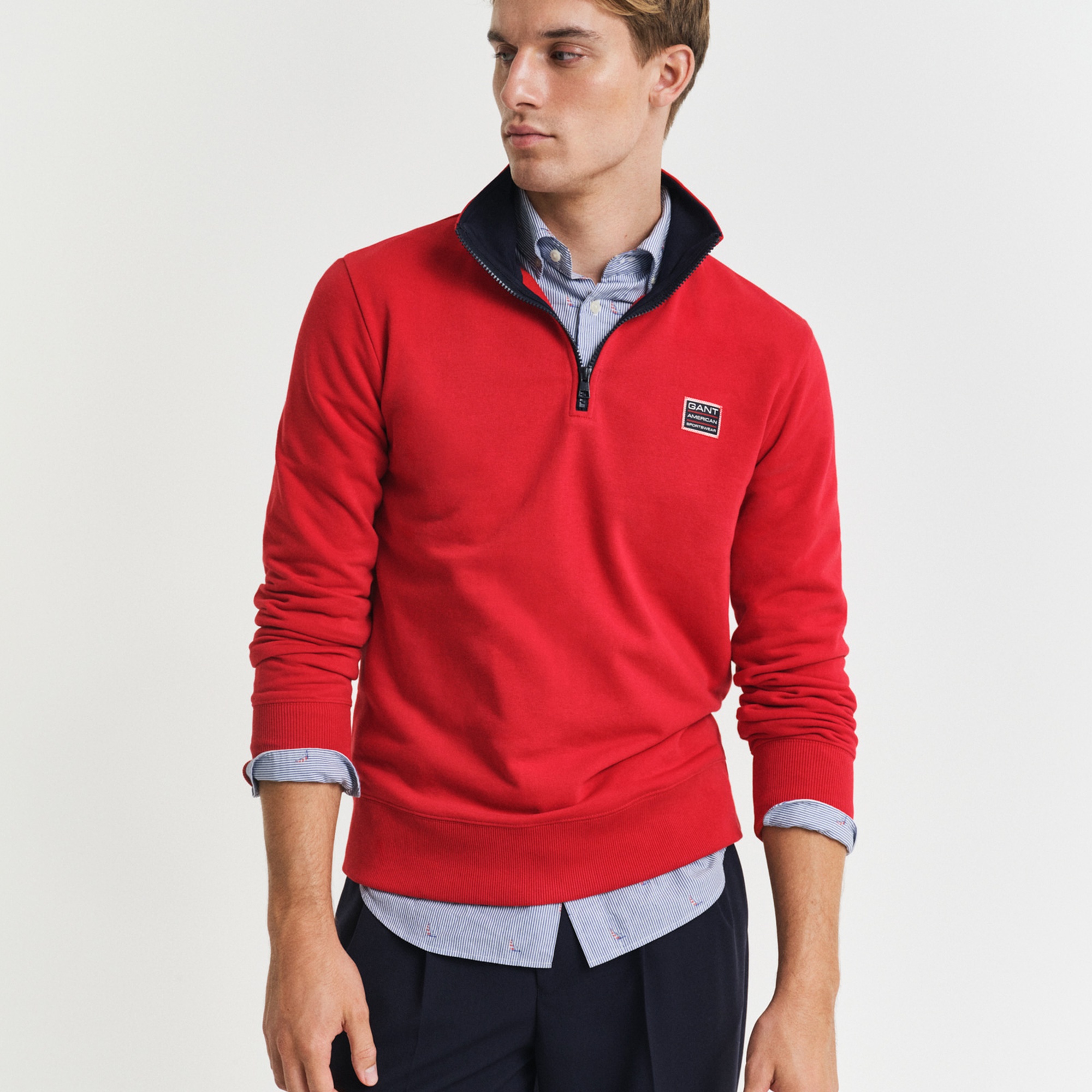 GANT Erkek Kırmızı Regular Fit Yarım Fermuarlı Logolu Sweatshirt
