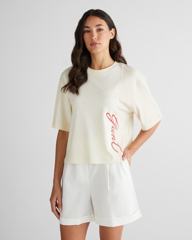  GANT Kadın Beyaz Bisiklet Yaka Renk Bloklu T-Shirt