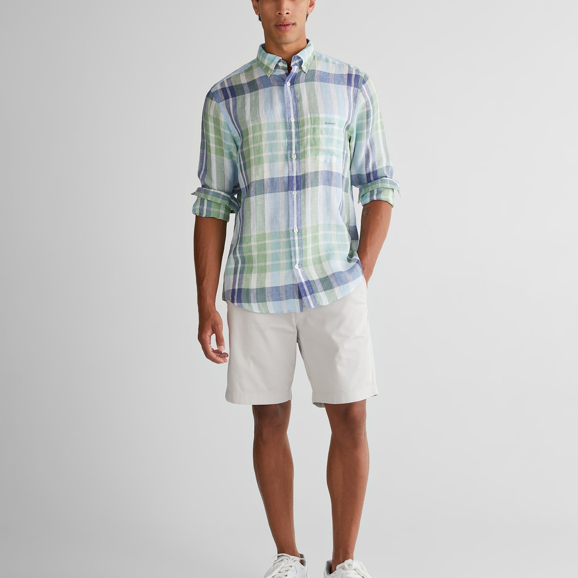 GANT Erkek Yeşil Regular Fit Düğmeli Yaka Kareli Keten Gömlek