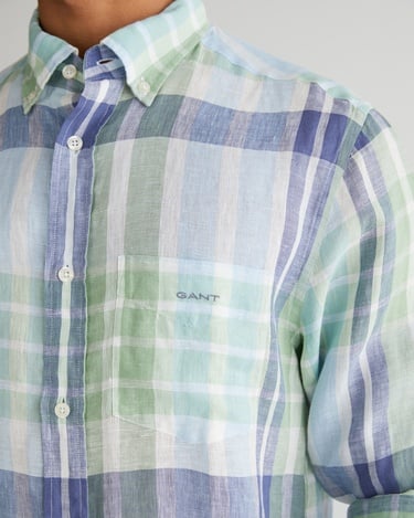  GANT Erkek Yeşil Regular Fit Düğmeli Yaka Kareli Keten Gömlek