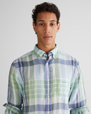  GANT Erkek Yeşil Regular Fit Düğmeli Yaka Kareli Keten Gömlek
