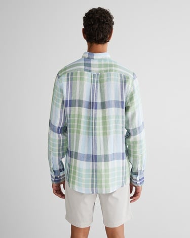  GANT Erkek Yeşil Regular Fit Düğmeli Yaka Kareli Keten Gömlek