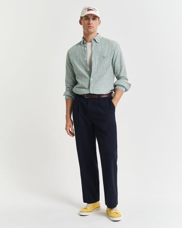  GANT Erkek Yeşil Regular Fit Düğmeli Yaka Çizgili Keten Gömlek