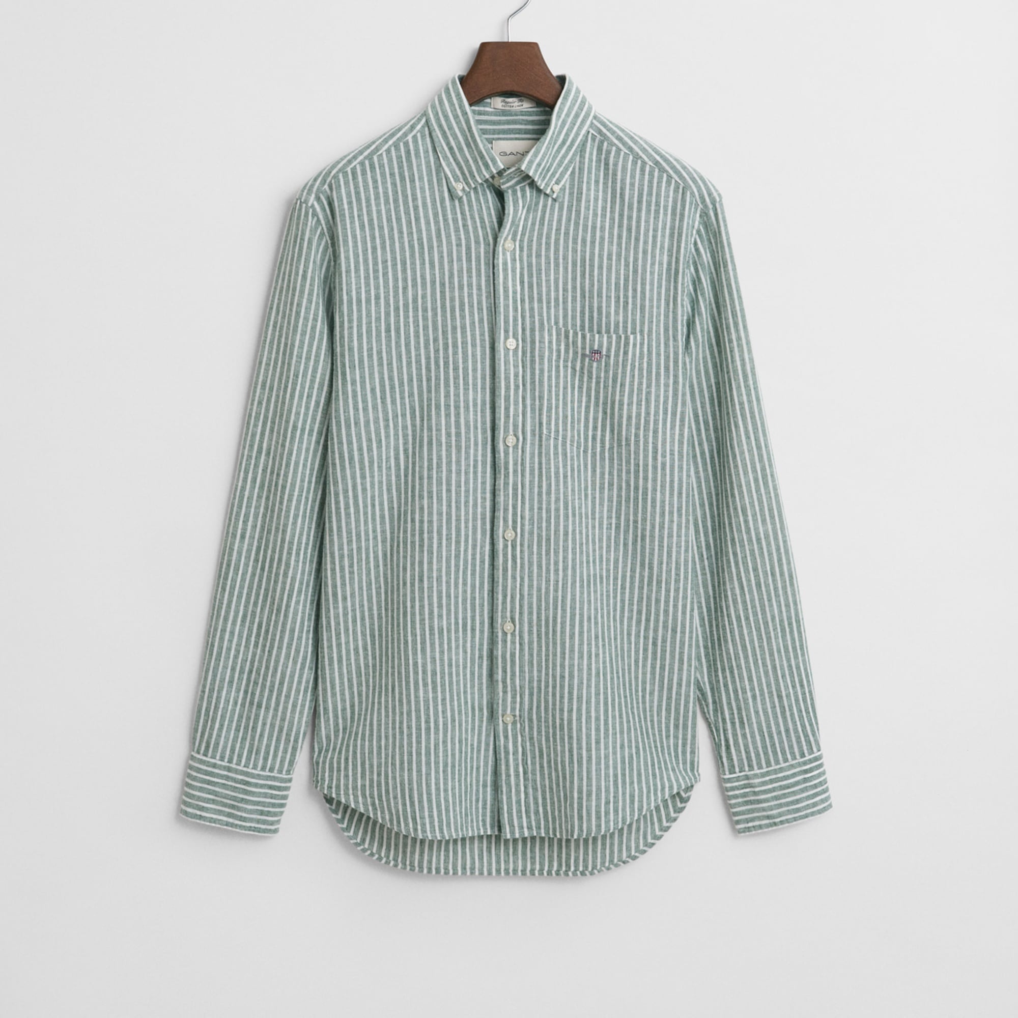 GANT Erkek Yeşil Regular Fit Düğmeli Yaka Çizgili Keten Gömlek