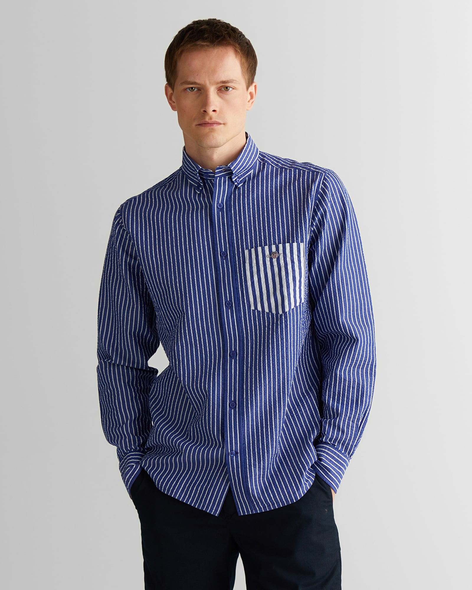  GANT Erkek Lacivert Düğmeli Yaka Çizgili Gömlek