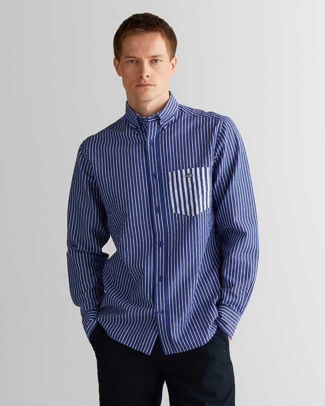  GANT Erkek Lacivert Düğmeli Yaka Çizgili Gömlek