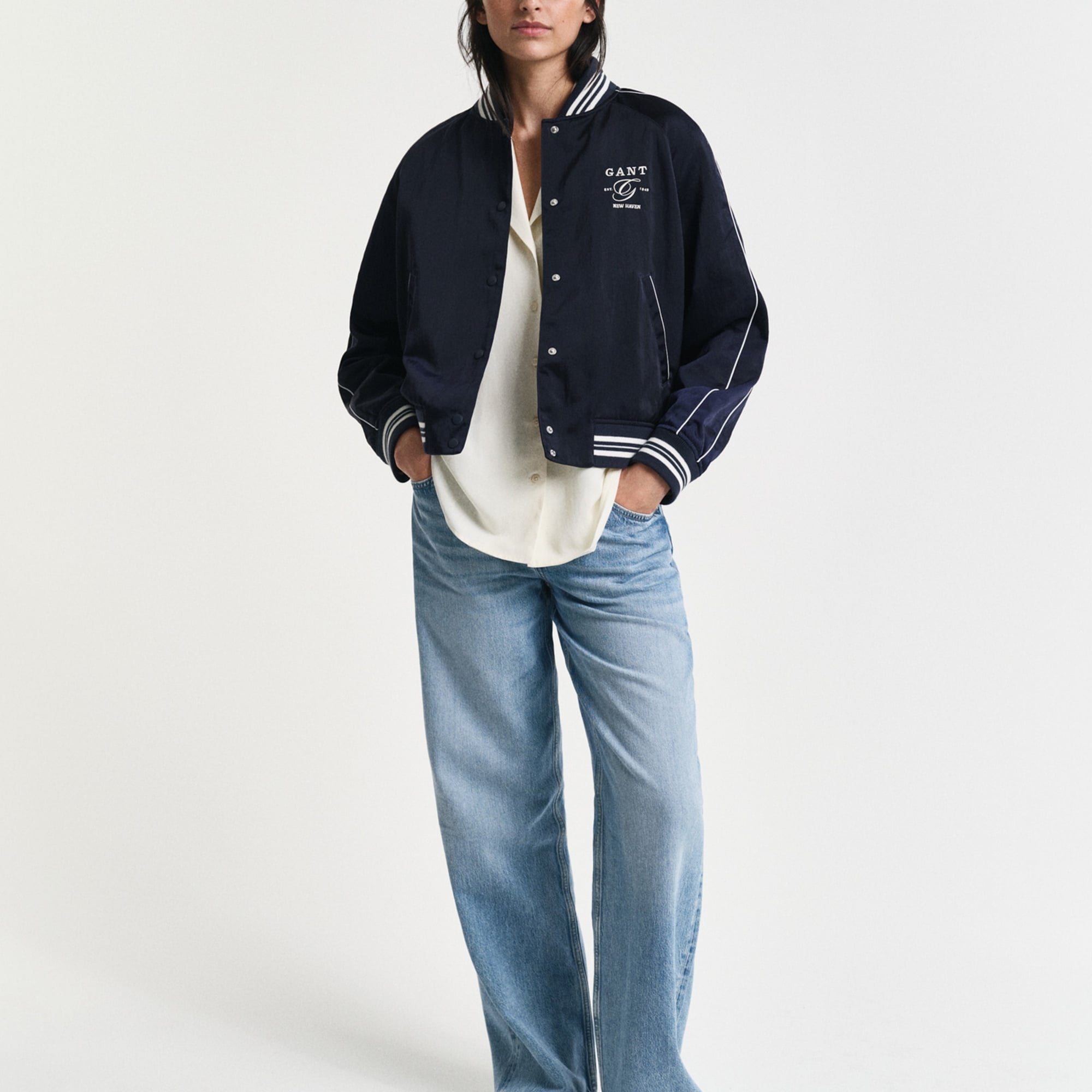 GANT Kadın Lacivert Regular Fit Hakim Yaka Logolu Bomber Ceket