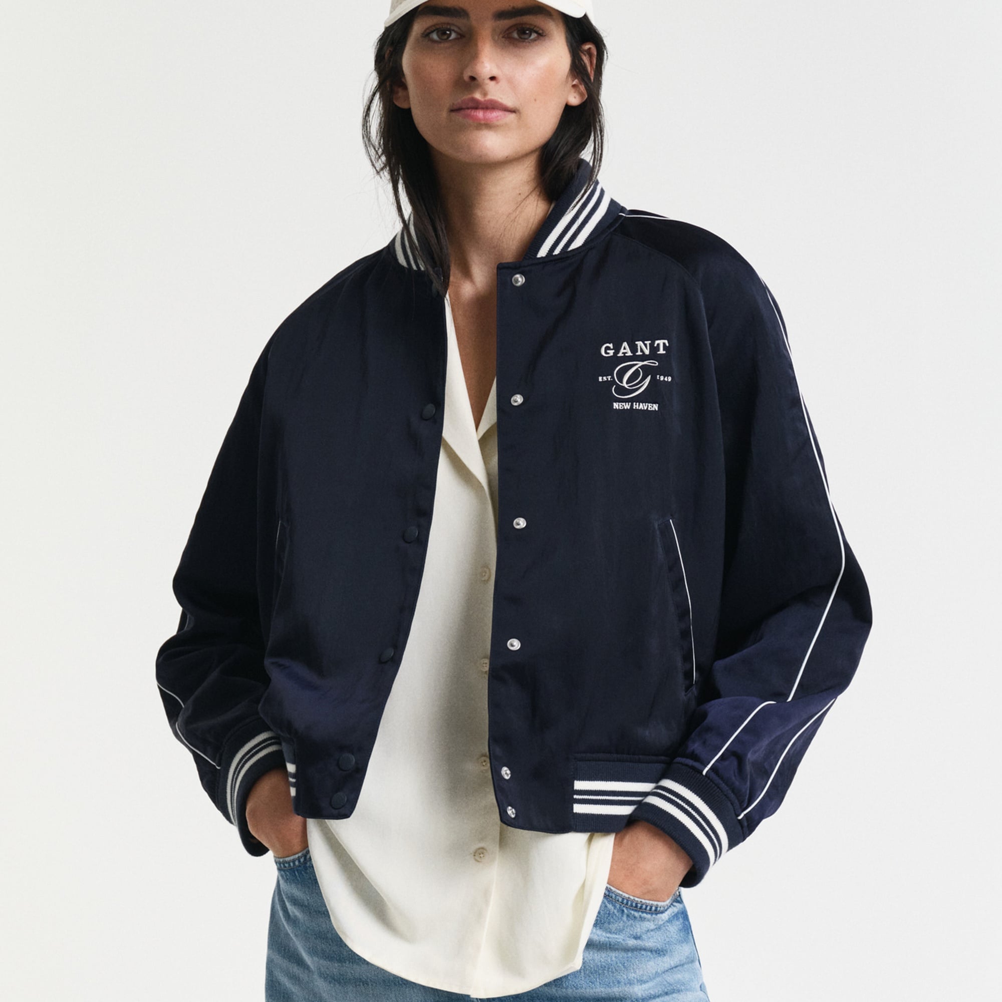 GANT Kadın Lacivert Regular Fit Hakim Yaka Logolu Bomber Ceket