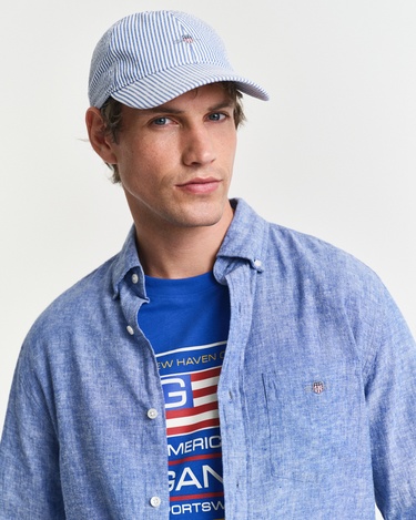  GANT Erkek Lacivert Regular Fit Düğmeli Yaka Keten Gömlek