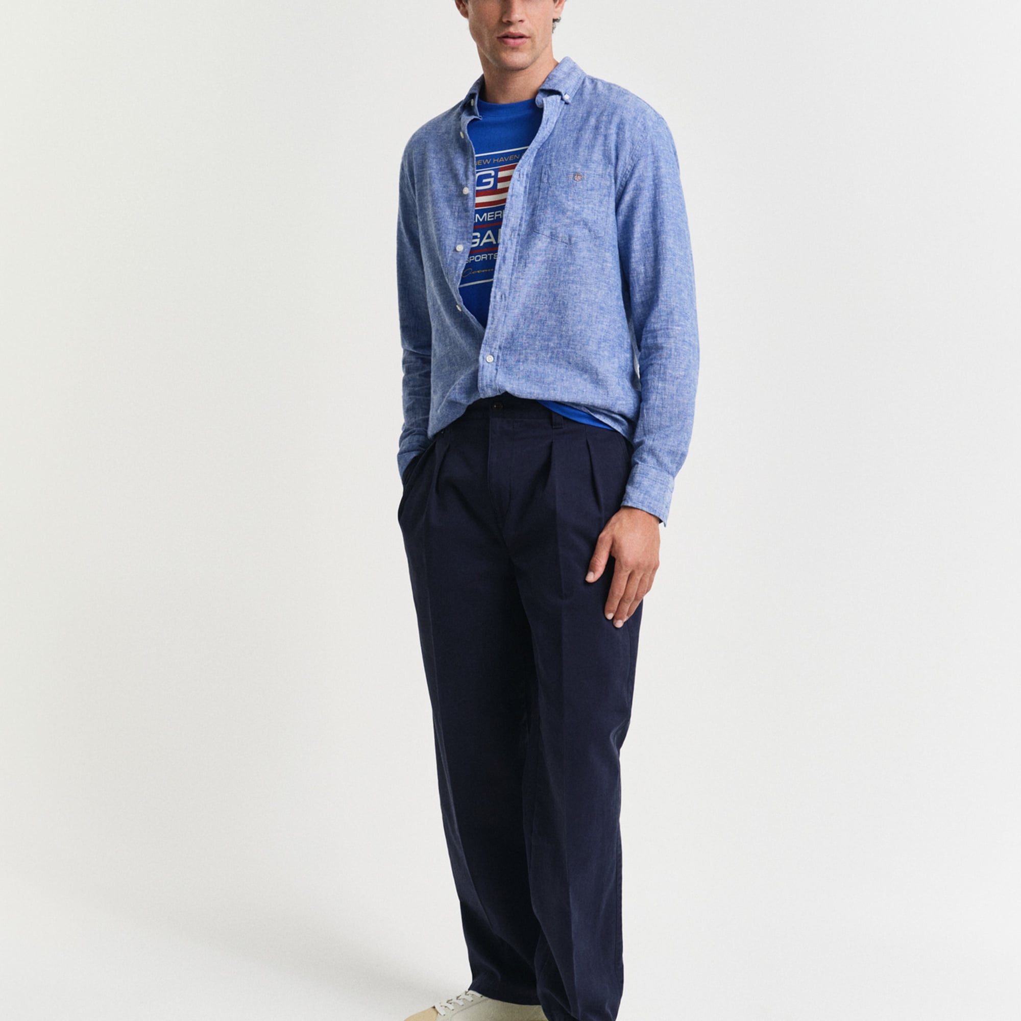 GANT Erkek Lacivert Regular Fit Düğmeli Yaka Keten Gömlek