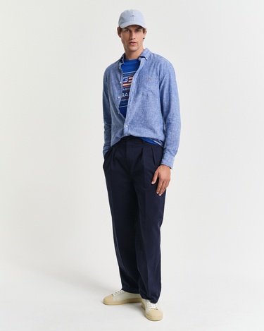  GANT Erkek Lacivert Regular Fit Düğmeli Yaka Keten Gömlek