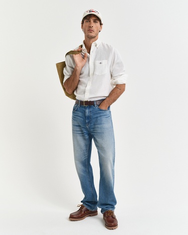  GANT Erkek Beyaz Regular Fit Düğmeli Yaka Keten Gömlek