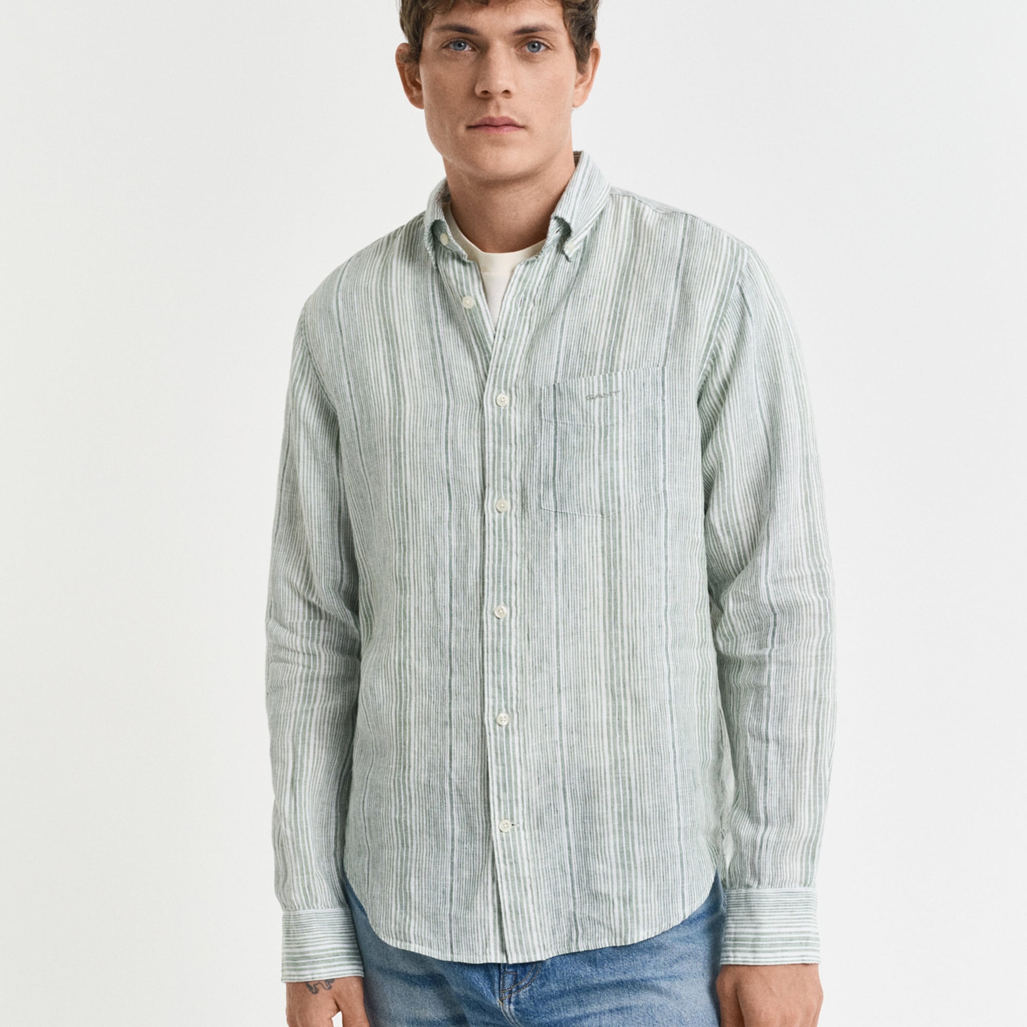 GANT Erkek Yeşil Regular Fit Düğmeli Yaka Çizgili Gömlek