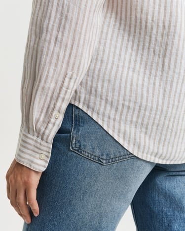  GANT Kadın Bej Regular Fit Klasik Yaka Çizgili Keten Gömlek