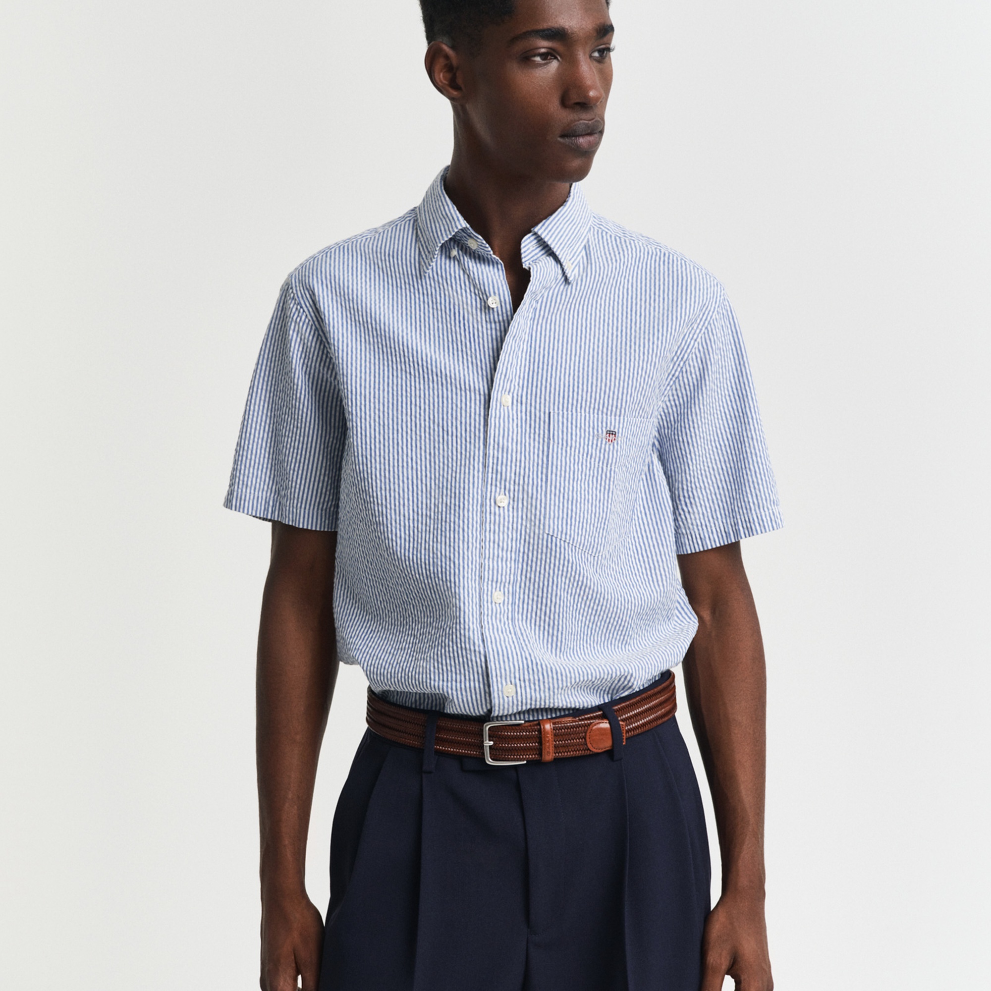 GANT Erkek Lacivert Regular Fit Düğmeli Yaka Çizgili Gömlek