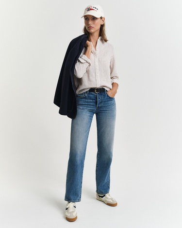  GANT Kadın Bej Regular Fit Klasik Yaka Çizgili Keten Gömlek