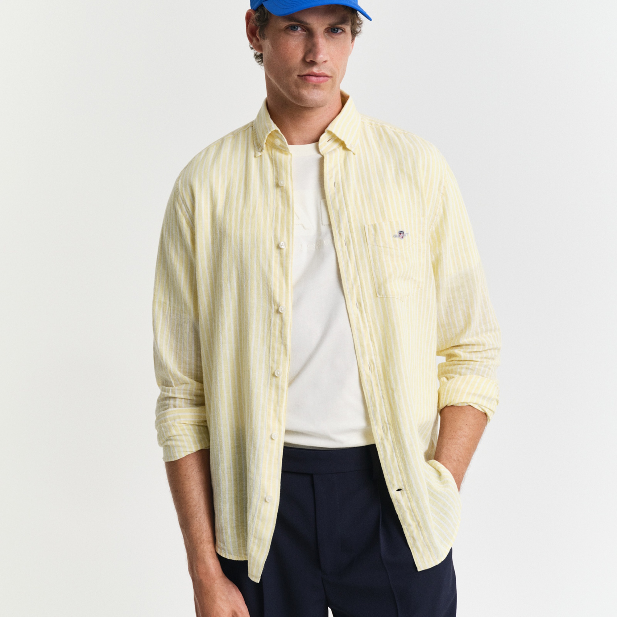 GANT Erkek Sarı Regular Fit Düğmeli Yaka Çizgili Keten Gömlek