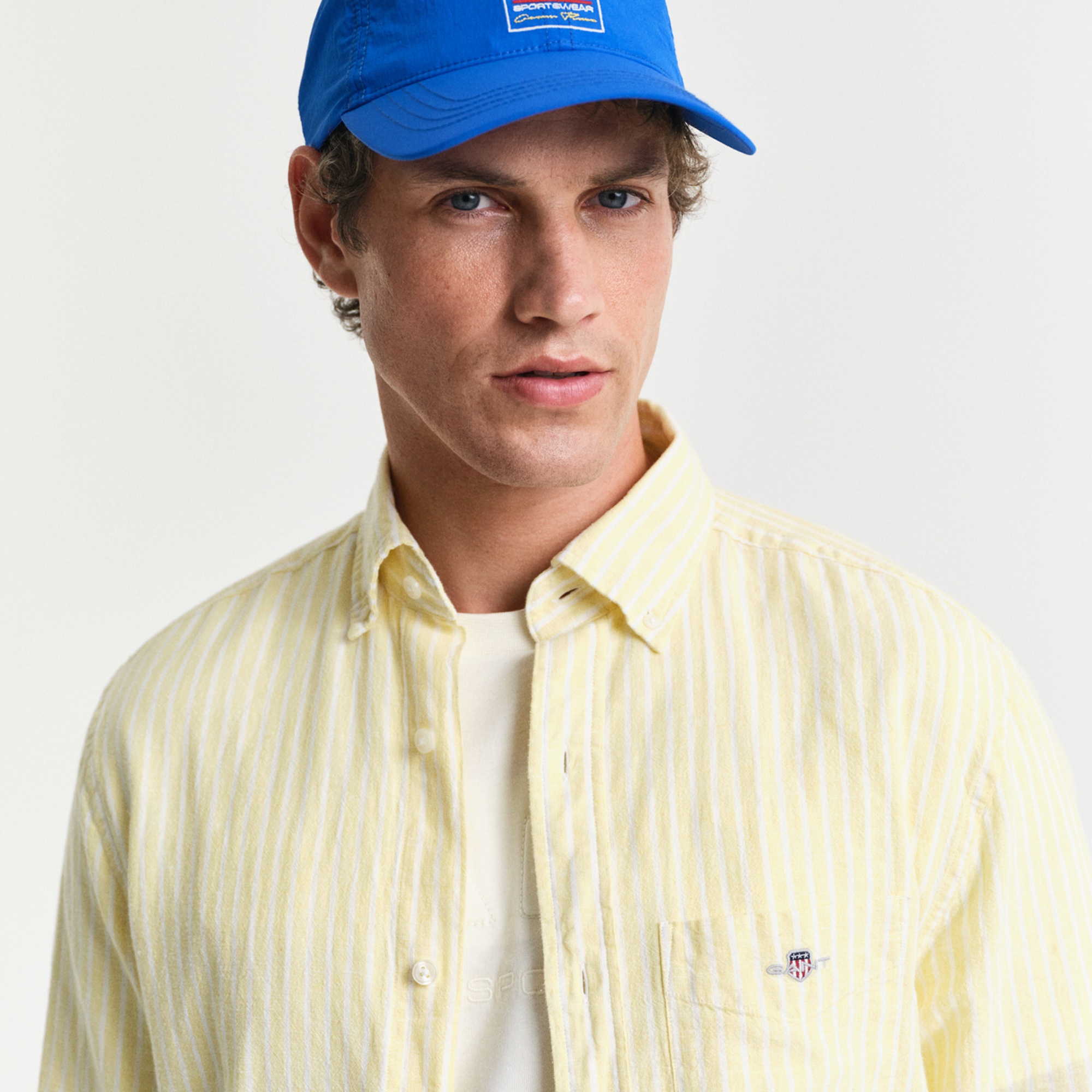 GANT Erkek Sarı Regular Fit Düğmeli Yaka Çizgili Keten Gömlek