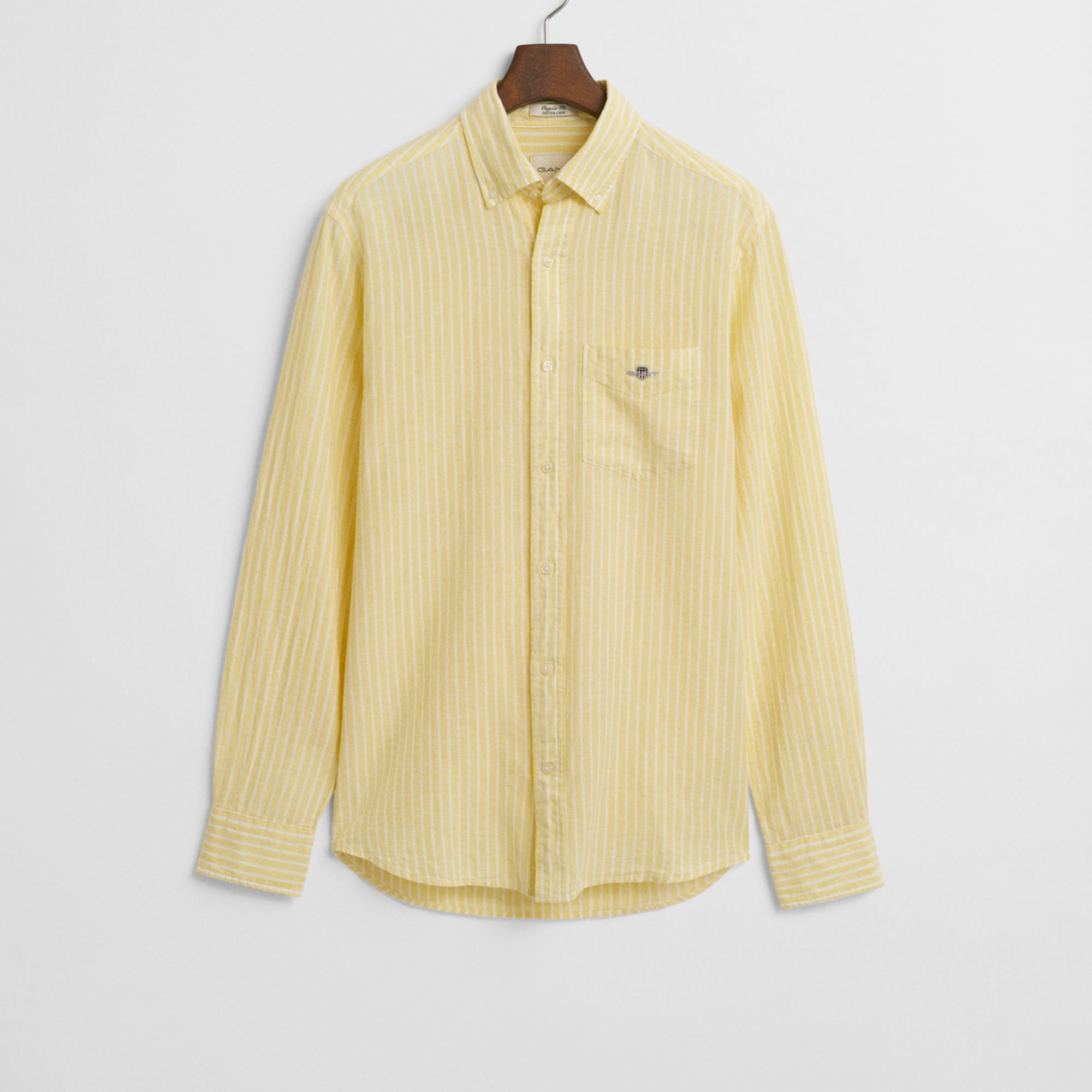 GANT Erkek Sarı Regular Fit Düğmeli Yaka Çizgili Keten Gömlek
