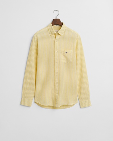  GANT Erkek Sarı Regular Fit Düğmeli Yaka Çizgili Keten Gömlek