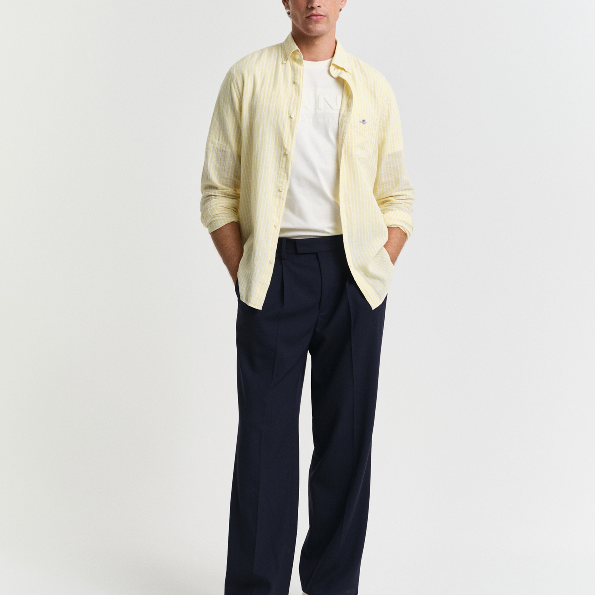 GANT Erkek Sarı Regular Fit Düğmeli Yaka Çizgili Keten Gömlek