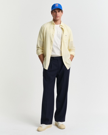  GANT Erkek Sarı Regular Fit Düğmeli Yaka Çizgili Keten Gömlek