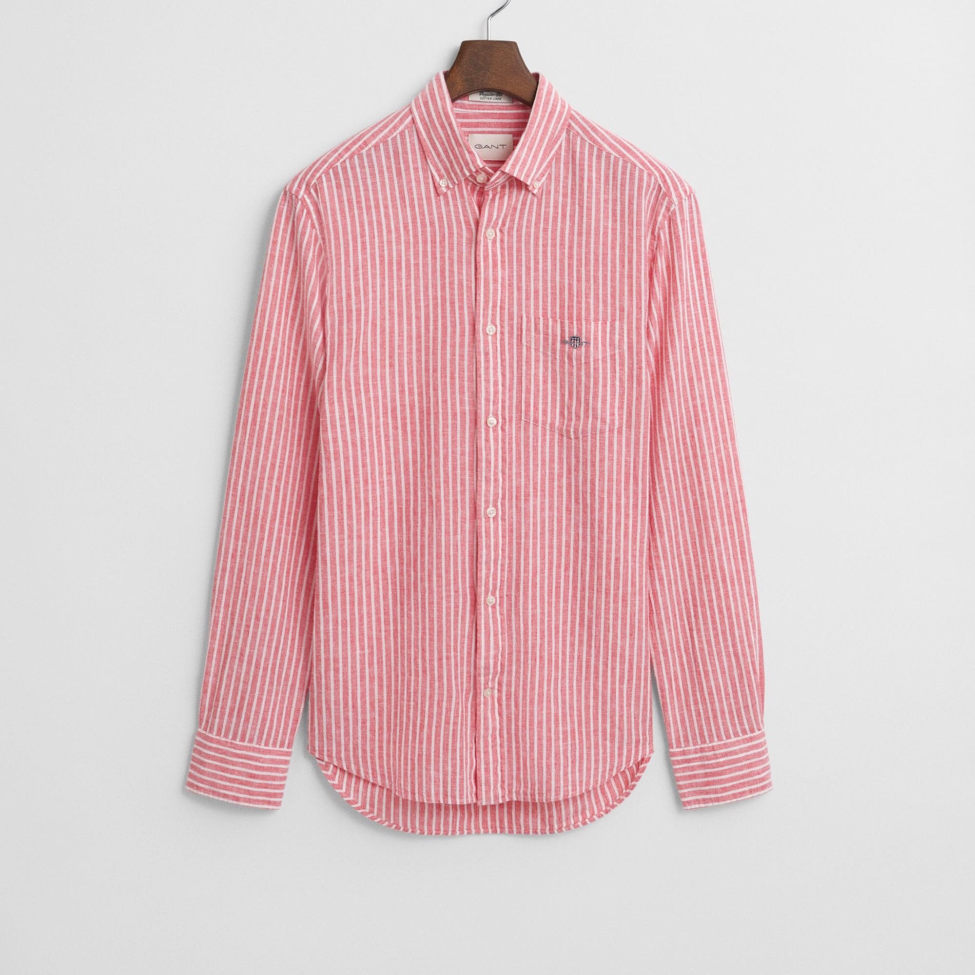 GANT Erkek Kırmızı Regular Fit Düğmeli Yaka Çizgili Keten Gömlek