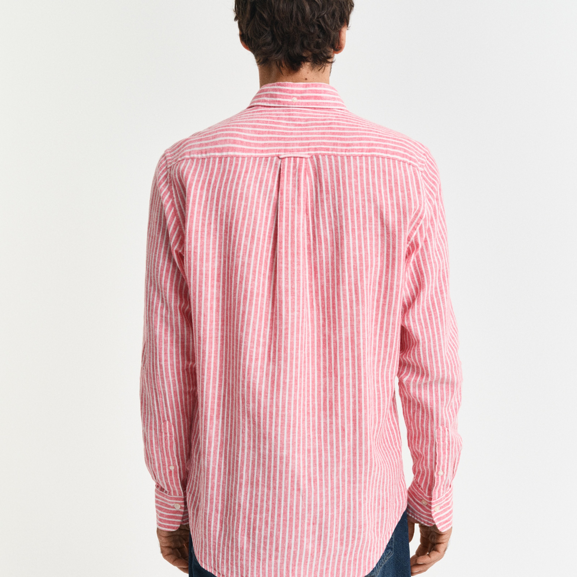 GANT Erkek Kırmızı Regular Fit Düğmeli Yaka Çizgili Keten Gömlek