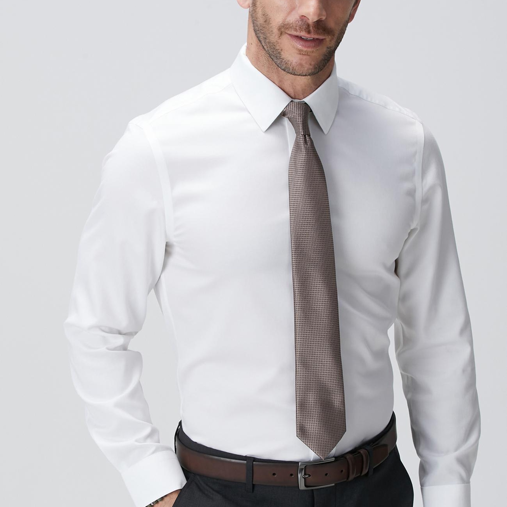 Network Erkek Non-Iron Beyaz Saten Gömlek