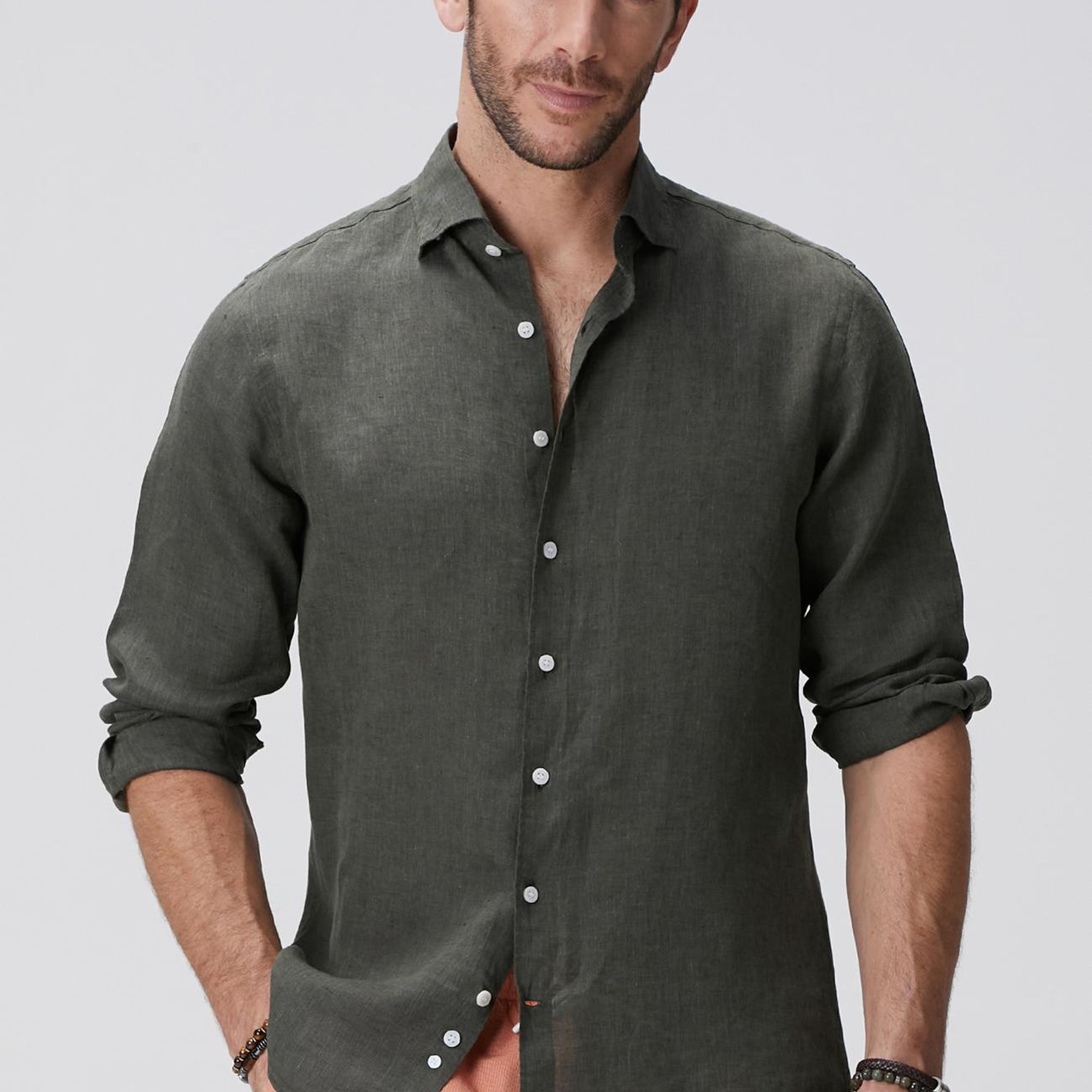 Network Erkek Haki Keten Gömlek