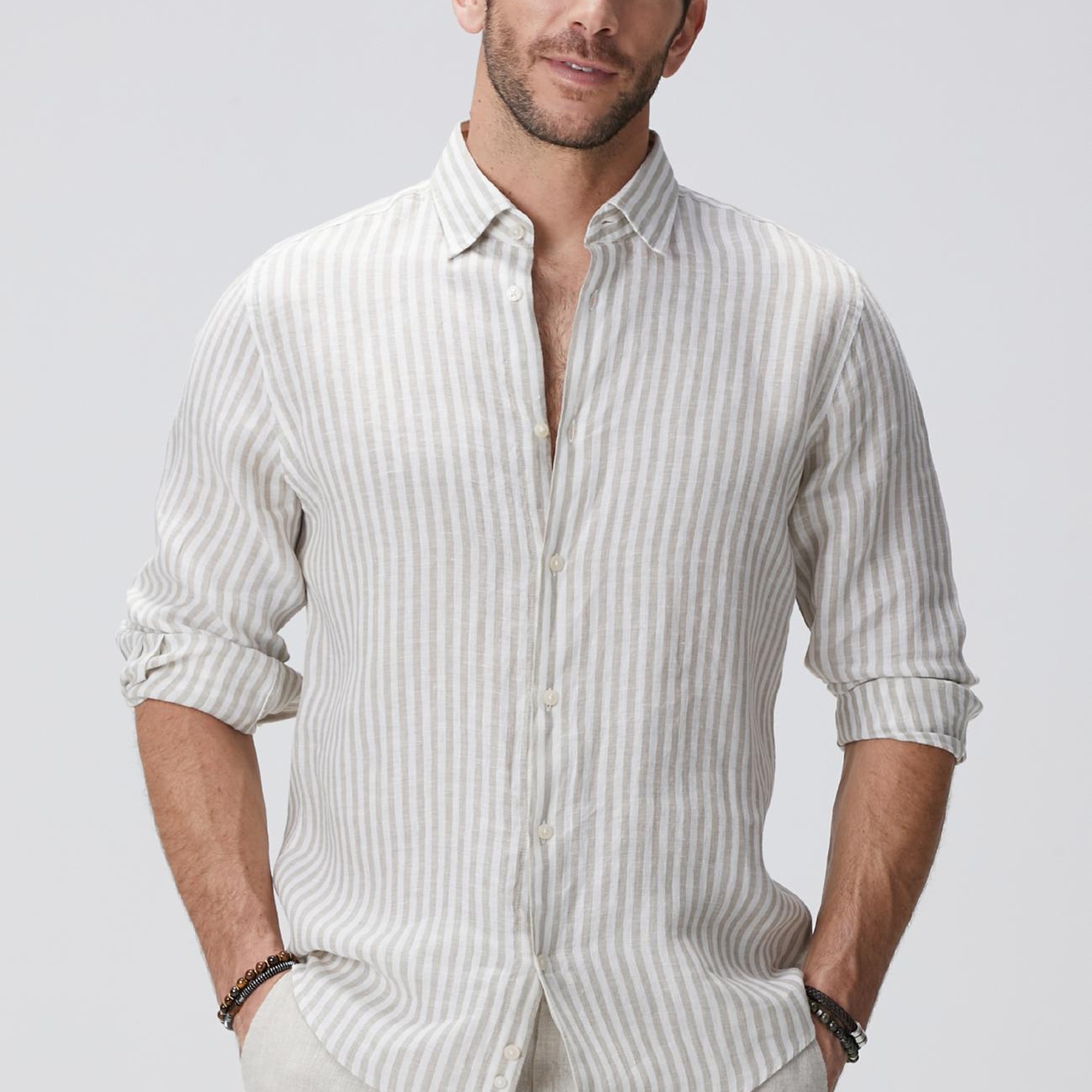 Network Erkek Haki Beyaz Keten Gömlek