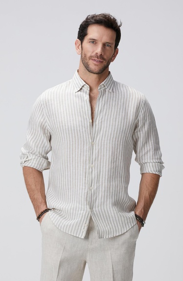  Network Erkek Haki Beyaz Keten Gömlek