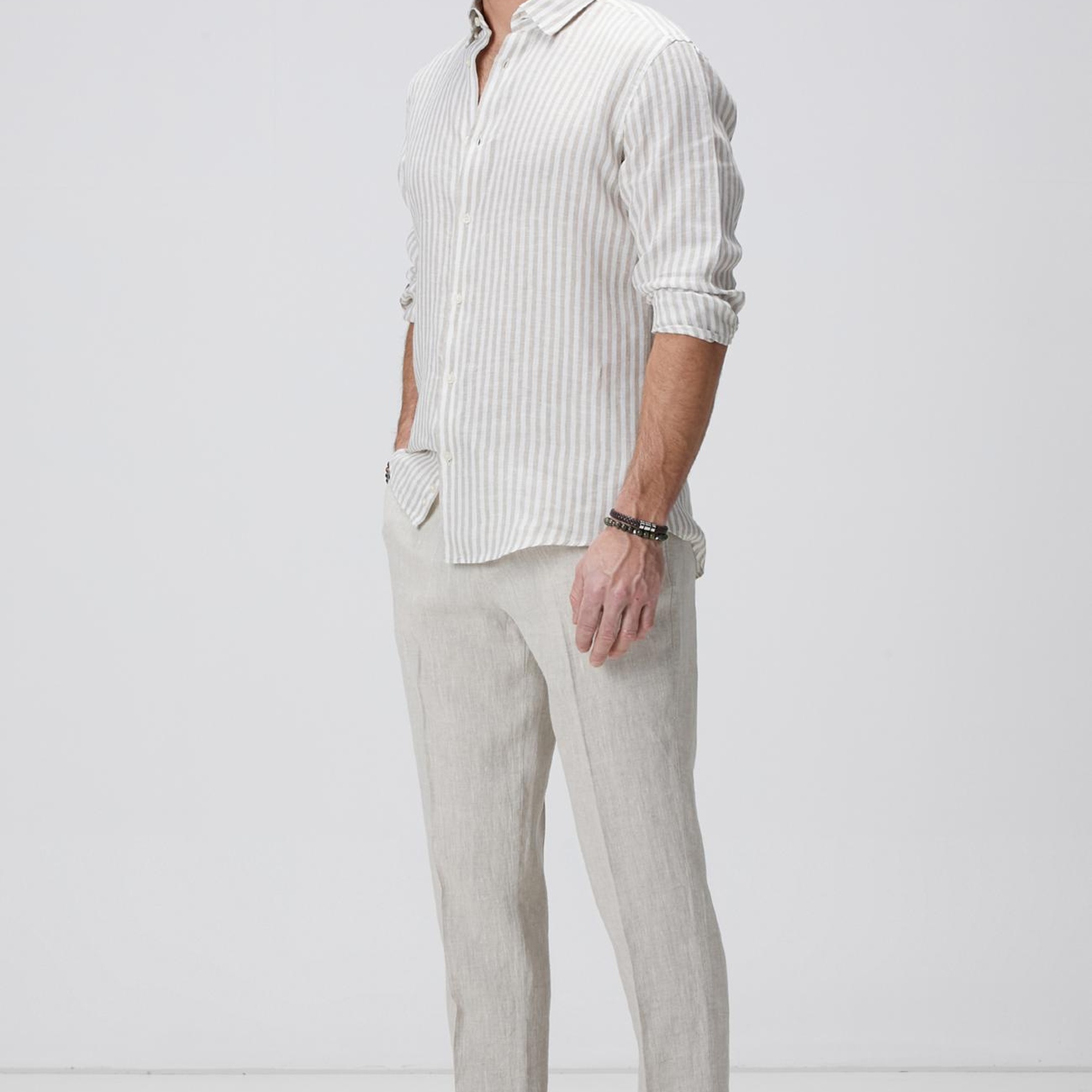 Network Erkek Haki Beyaz Keten Gömlek