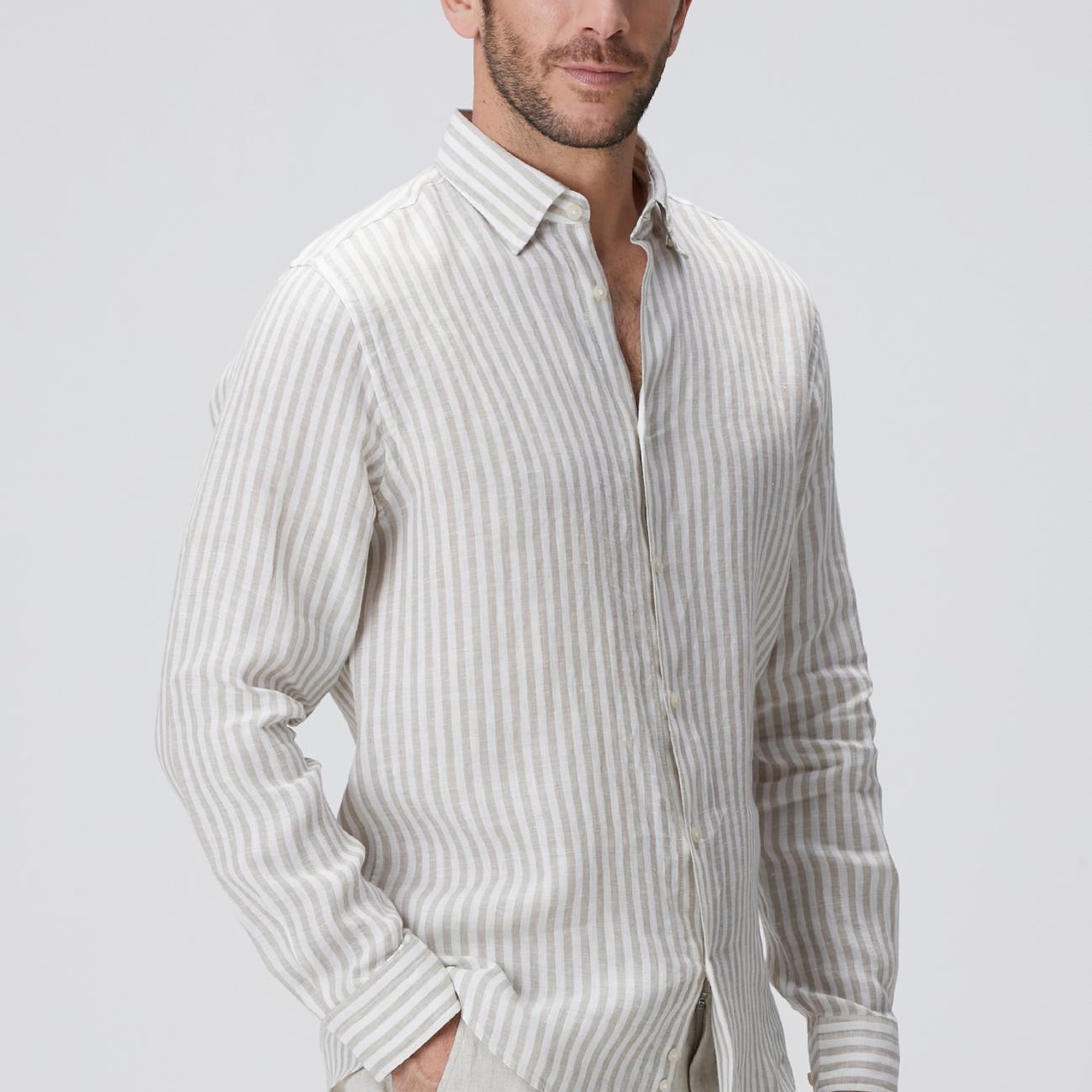 Network Erkek Haki Beyaz Keten Gömlek