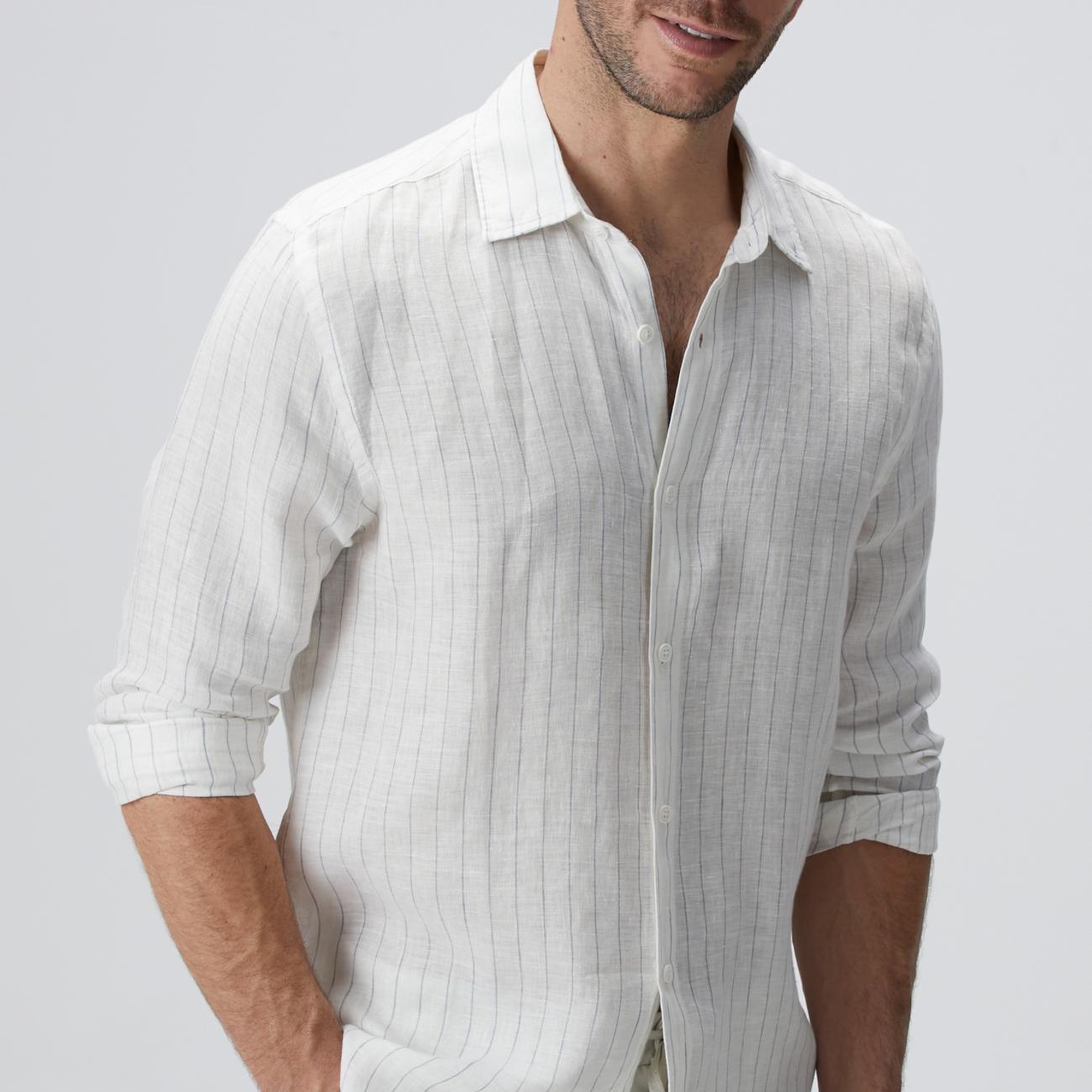 Network Erkek Beyaz Çizgi Desenli Keten Gömlek