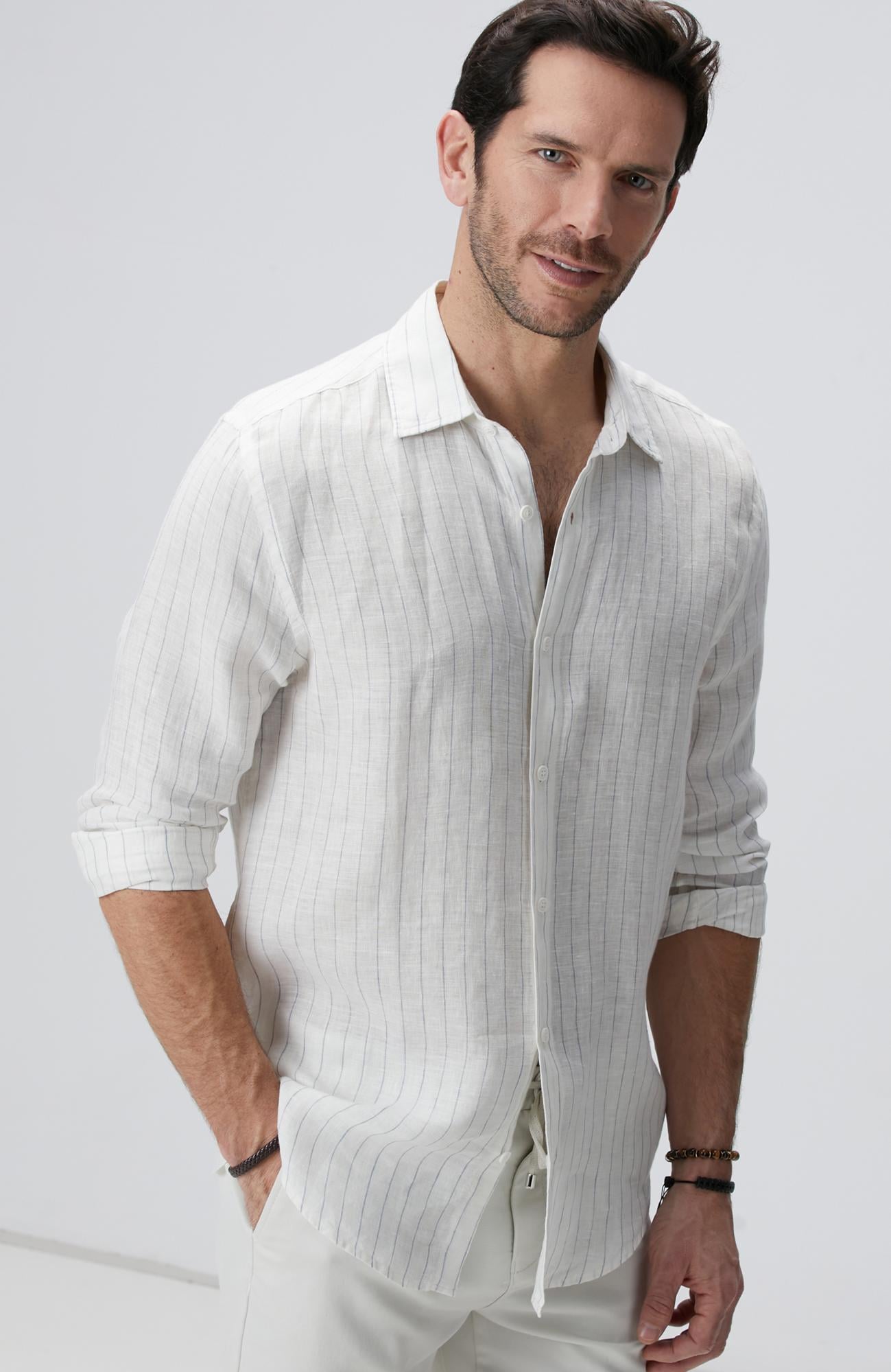  Network Erkek Beyaz Çizgi Desenli Keten Gömlek