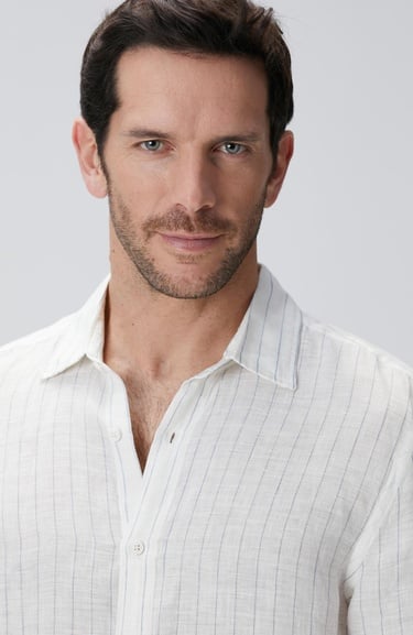  Network Erkek Beyaz Çizgi Desenli Keten Gömlek